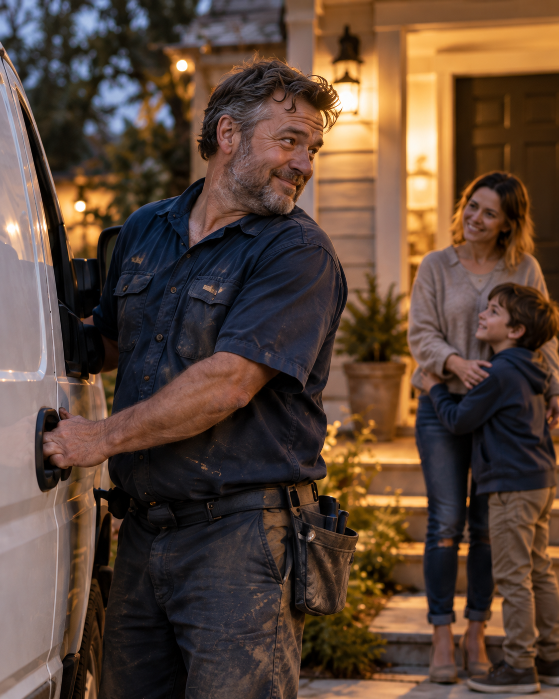A tradesperson closes the work van at dusk and turns toward their family waiting by the porch.
