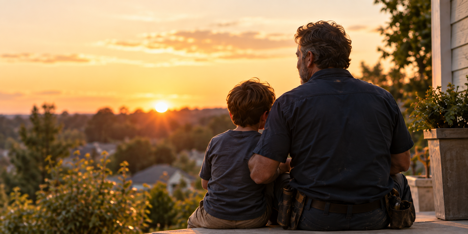 An owner and child sit together on the porch, looking out at the sunset.